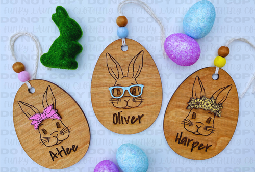 Personalized Easter Basket tags. Wooden Bunny design